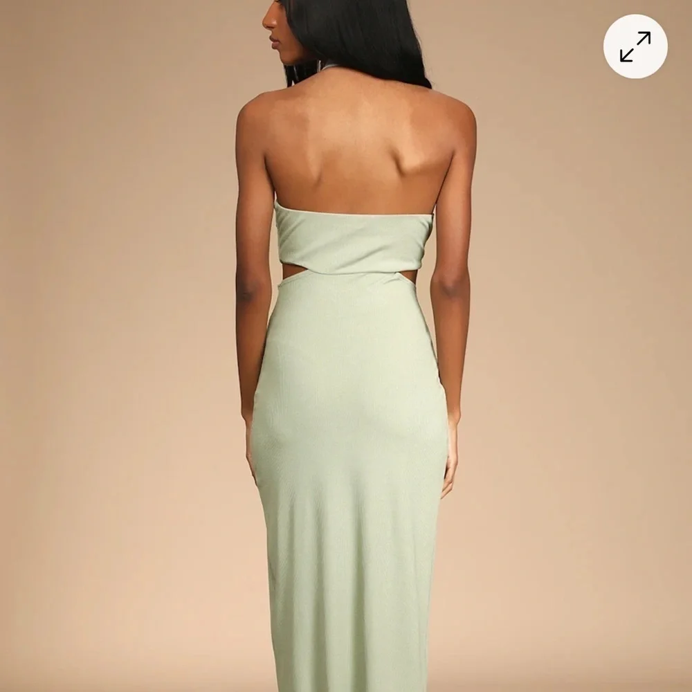 Lulus Modern Mode Sage Green Ribbed Cutout Halter Midi Dress Size NWT XL - Picture 3 of 7